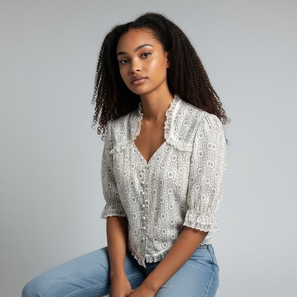 Vintage Sun n Fun Cottagecore Prairie Short Sleeve Floral Print Lace Size Large - Picture 5 of 8